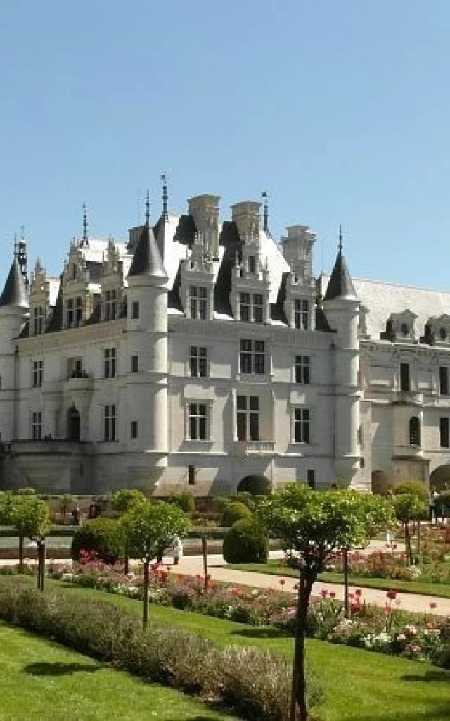 Sous un grand soleil d'été, au premier plan se trouve les jardins Catherine de Médicis (côté Ouest du château). À l'arrière plan, le logis Renaissance est perçue de profil.